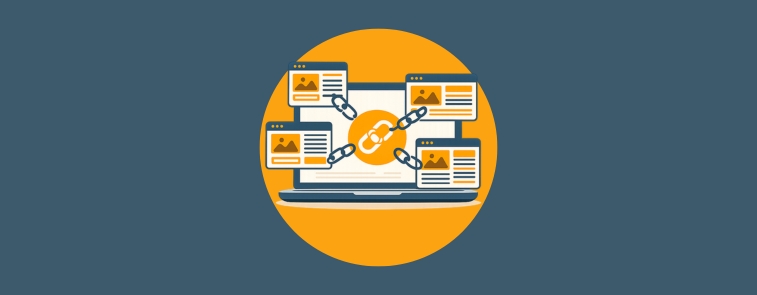 משחב נייד ובמרכזו סימן של קישור המחובר ל4 דפי אינטרנט שמציגים מדריך קישורים חיצוניים